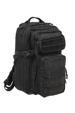 Modern tactical backpack with zippers and additional pockets. Large secure bag. Isolate on a white back.