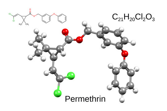 Chemical formula, skeletal formula, and 3D ball-and-stick model of insecticide permethrin