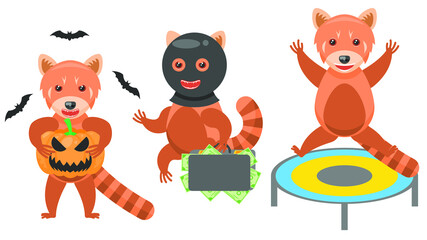 Set Abstract Collection Flat Cartoon Different Animal Red Pandas With A Pumpkin And Bats Around, Jumping On A Trampoline, A Thief Stole A Diplomat With Money Vector Design Style Elements Fauna Wild