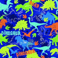 Naklejka na ściany i meble Seamless dinosaur pattern for printing on textile or other surfaces, background for boys, dino pattern with grunge effect