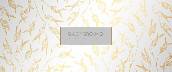 Abstract art background vector. Minimal style wallpaper with golden line art flower and botanical leaves, Organic shapes, Watercolor. Vector background for banner, poster, Web and packaging.
