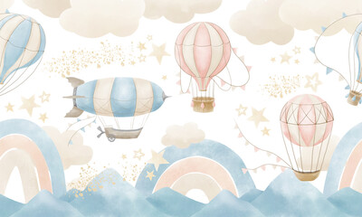 Wallpaper with Hot Air Balloons. Seamless wall paper for baby room. Pattern with clouds, rainbow and mountains for childish design. Blue and beige pastel colors