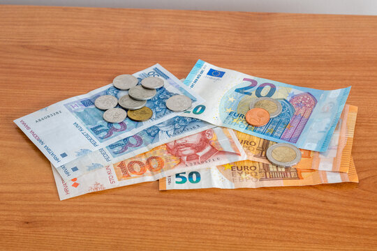 Croatian kuna coins and HRK hrvatska kuna (Croatian) banknotes and Euro banknotes and coins.