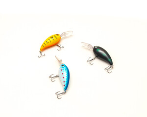 Three crankbaits artificial fishing lure isolated on white background