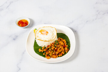 basil pork fried rice thai food. Thai Food concept Khao pad krapow rice and minced beef Thai holy basil stir-fry with fried egg