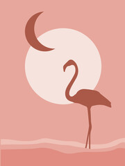 Fototapeta premium Abstract vector illustration with flamingo silhouette in muted pink color. Elegant design perfect for print, card, poster, home decor 