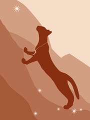 Fantasy abstract vector illustration with cat silhouette, mountains and falling stars in beige and terracotta colors. Earth tones animalistic design perfect for print, home decor, textile