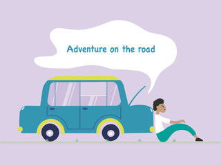 Flat vector illustration on purple background. Cartoon man resting. Smoke comes out of the car. The concept of outdoor recreation or road adventure.