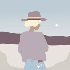 The girl gathered flowers and looked at the moon. She is wearing a purple jacket and blue jeans. It is surrounded by mountains.