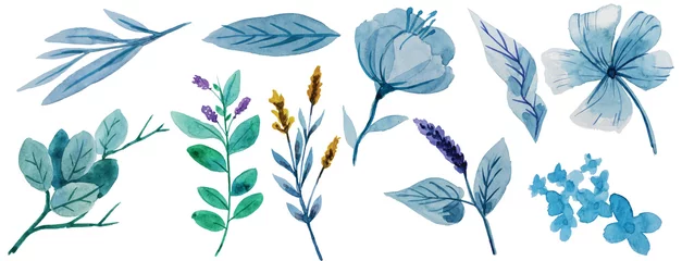 Zelfklevend Fotobehang Aquarel natuur set Watercolor painting of light blue flowers and light blue leaves in nature,watercolor background,2d illustration
