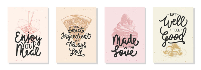 Set of 4 advertising cafe, fast, street, truck food and eating lettering posters, decoration, prints, cafe interior design. Hand drawn fast food sketches. Handwritten lettering. Mono line calligraphy.