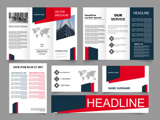 Tri fold red brochure design with square shapes, corporate business template for tri fold flyer. Collection of folded brochures, annual report, business card. For printing, A4 magazine cover.