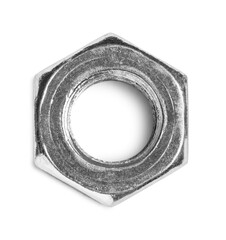 One metal nut on white background, top view