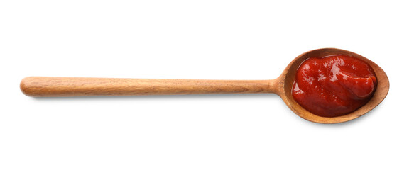 Tasty ketchup in wooden spoon isolated on white, top view