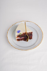 Appetizing chocolate cake with cream on a plate with a golden spoon 