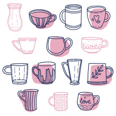 Collection of different doodle cups decorated with design elements. Vector set of colored mugs, filling drinks in pink and blue colors isolation on white background