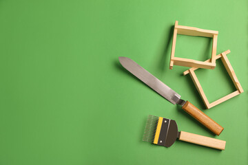 Fototapeta na wymiar Beekeeping tools on green background, flat lay. Space for text