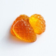 Marmalade. Fruit jelly. Sea buckthorn and pumpkin marmalade isolated on white background, top view.