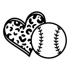 Heart with leopard print and baseball. Softball lovers. Sports design. Vector illustration. Isolated on white background. Good for posters, t shirts, postcards.