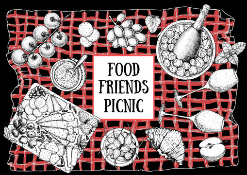 Picnic food top view. Hand drawn vector illustration. Food and drink sketch. Antipasti, wine and snacks for lunch or dinner. Food on picnic tablecloth top view.