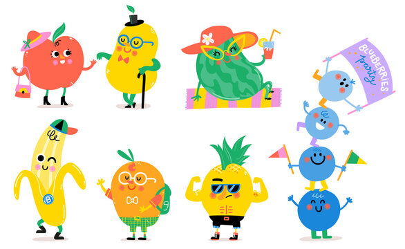 Happy Fruit Cartoon Characters. Illustrated kids design set. Miss Apple and Mister Pear Strawberries children Muscular Pineapple little mango rapper banana. Cutie Frutti Collection