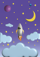 3D Rocket launch on purple background, Spaceship icon, startup business concept. 3d vector illustration