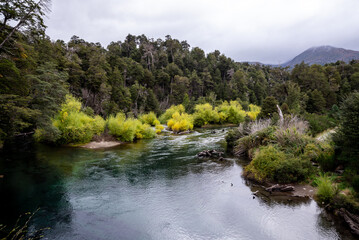 View of the Ruca Mal&eacute;n River that crosses the section of Route 40 that forms the Road of the Seven Lakes, in the province of Neuqu&eacute;n, Argentina.