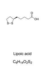 Lipoic acid, LA, chemical formula and structure. Also known as alpha lipoic acid, ALA, or thioctic acid. Organosulfur compound, available as a dietary supplement or drug, marketed as an antioxidant.