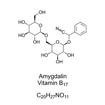 Amygdalin, with the misnomer vitamin B17, chemical formula and structure. Naturally occurring chemical compound, found in the kernels of apricots, bitter almonds, apples, peaches, cherries, and plums.