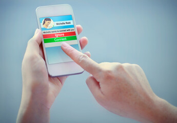 A cropped shot of someone using a social app on their smart phone. All screen content is designed by us and not copyrighted by others, and upon purchase a user license is granted to the purchaser. A