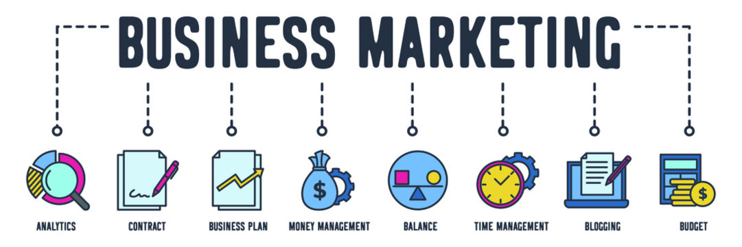 Business marketing banner web icon. analytics, contract, business plan, money management, balance, time management, blogging, budget vector illustration concept.