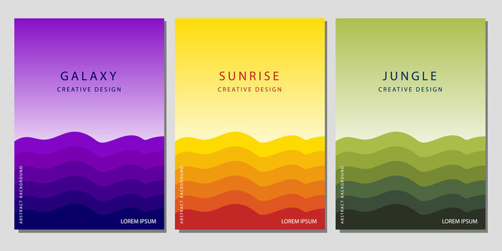 Modern Cover Template Design. Galaxy, Sunrise, Jungle Color Concept. Set of trendy gradient waveforms for presentations, magazines, flyers, annual reports, posters and business cards.