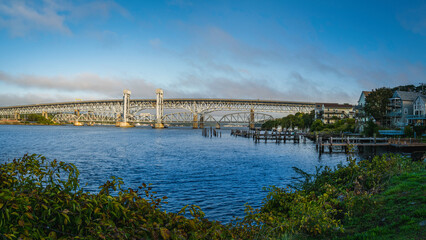 Gold Star Memorial Bridge in New London, Connecticut, the arching landmark suspending bridge over the Thames River.