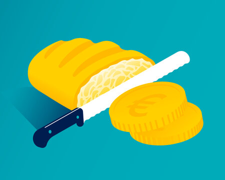 Slices of bread cut by a knife turn into coins. Concept of rising prices in the global wheat flour market due to inflation. Vector illustration