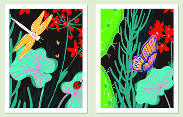 Summer flowers time. Set posters with summer flowers and bright backgrounds, abstract birds, butterflies, gardening and nature. Illustration vector for banner, postcard, poster or postcard