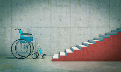 wheelchair for the disabled in front of a long flight of red stairs.