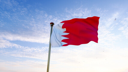 Flag of Bahrain waving in the wind, sky and sun background. Bahrain Flag 3d rendering.
