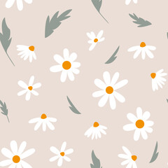 Obraz premium Seamless pattern of decorative flowers and chamomile leaves. Romantic vintage background for textile, fabric, decorative paper on a beige background.