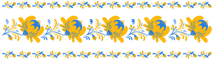Fototapeta na wymiar Ukraine ornament style of Petrykivka painting. Traditional paint folk flowers wreath for card, header, invitation, poster, social media, post publication. Ukrainian national embroidery.
