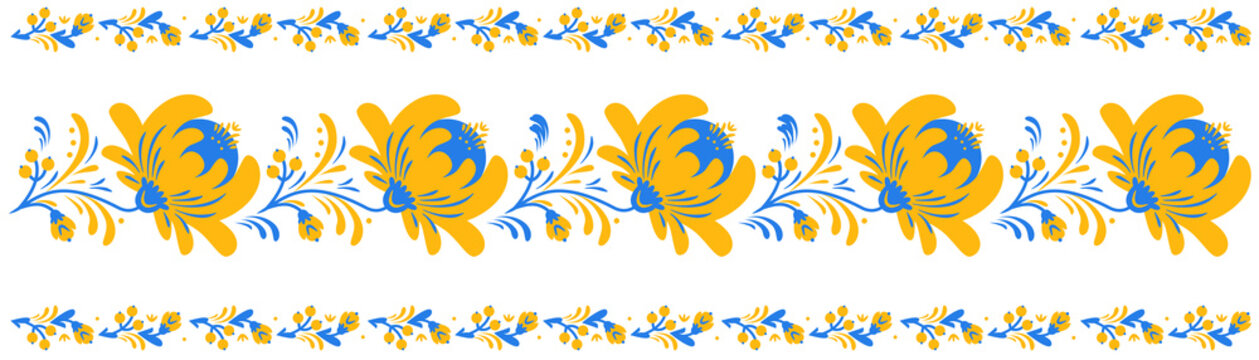 Ukraine ornament style of Petrykivka painting. Traditional paint folk flowers wreath for card, header, invitation, poster, social media, post publication. Ukrainian national embroidery.