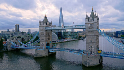 Aerial view over Tower Bridge and River Thames in London