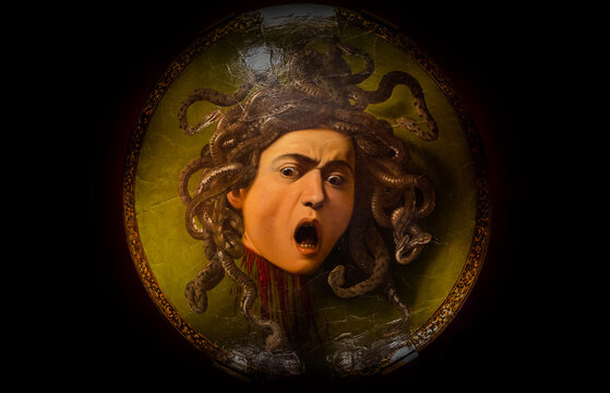 Florence, Italy - Circa August 2021: Medusa by Caravaggio, ca 1598 - oil on canvas.