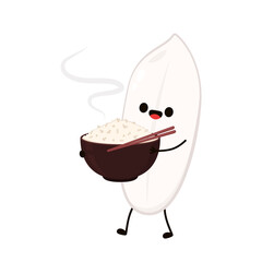 Rice cartoon and rice bowl on white background vector illustration. Cute food mascot logo for restaurant.