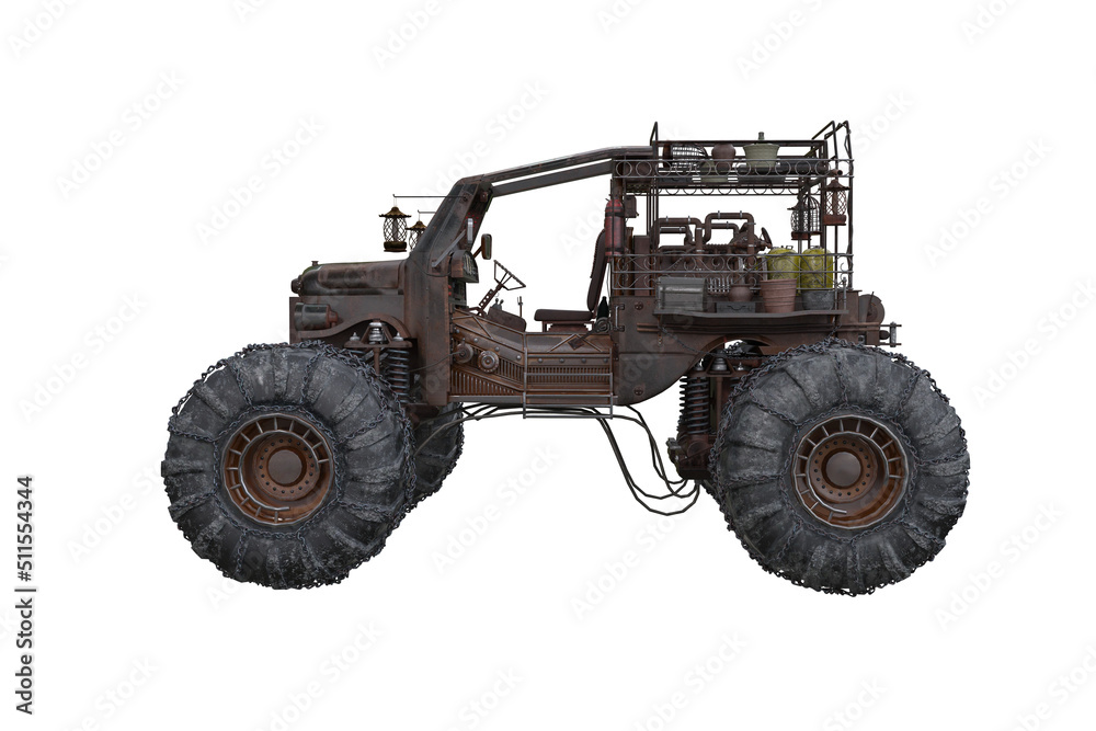 Poster fantasy post apocalyptic off road car with monster truck wheels viewed form side. 3d rendering isola