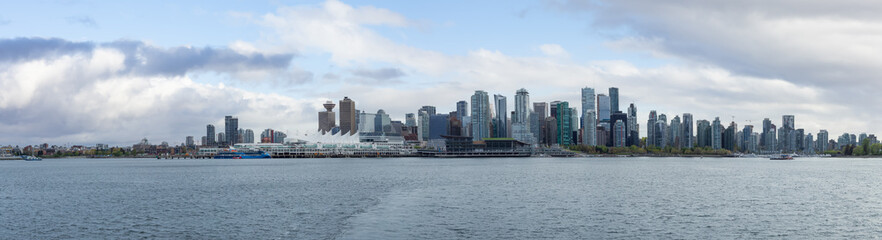 Fototapeta na wymiar Panoramic View of Coal Harbour and Canada Place on the West Coast. Cloudy Sky Art Render. Downtown Vancouver, British Columbia, Canada.