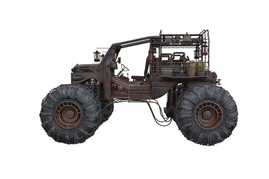 Fantasy post apocalyptic off road car with monster truck wheels viewed form side. 3D rendering isolated on white with clipping path.