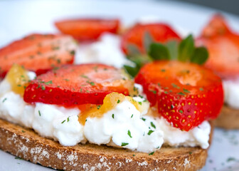Healthy toast with strawberry, cottage cheese and honey. Tasty breakfast. Summer appetizer