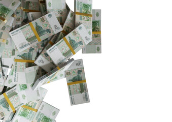 Stack Russian cash or banknotes of Rusia rubles scattered on a white background isolated The concept of Economic, Finance, Background, news, social media and texture of money 3d Rendering 5 Ruble