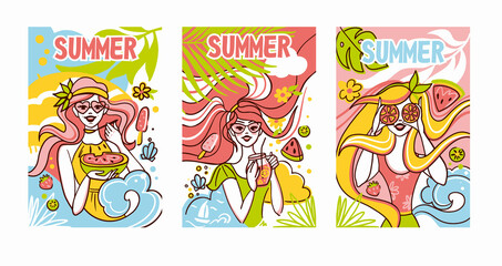 Cute girls with fruits on the beach.Hello summer. Summer illustration. Set of flyers.