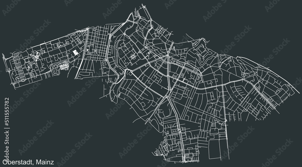 Wall mural Detailed negative navigation white lines urban street roads map of the OBERSTADT DISTRICT of the German regional capital city of Mainz, Germany on dark gray background